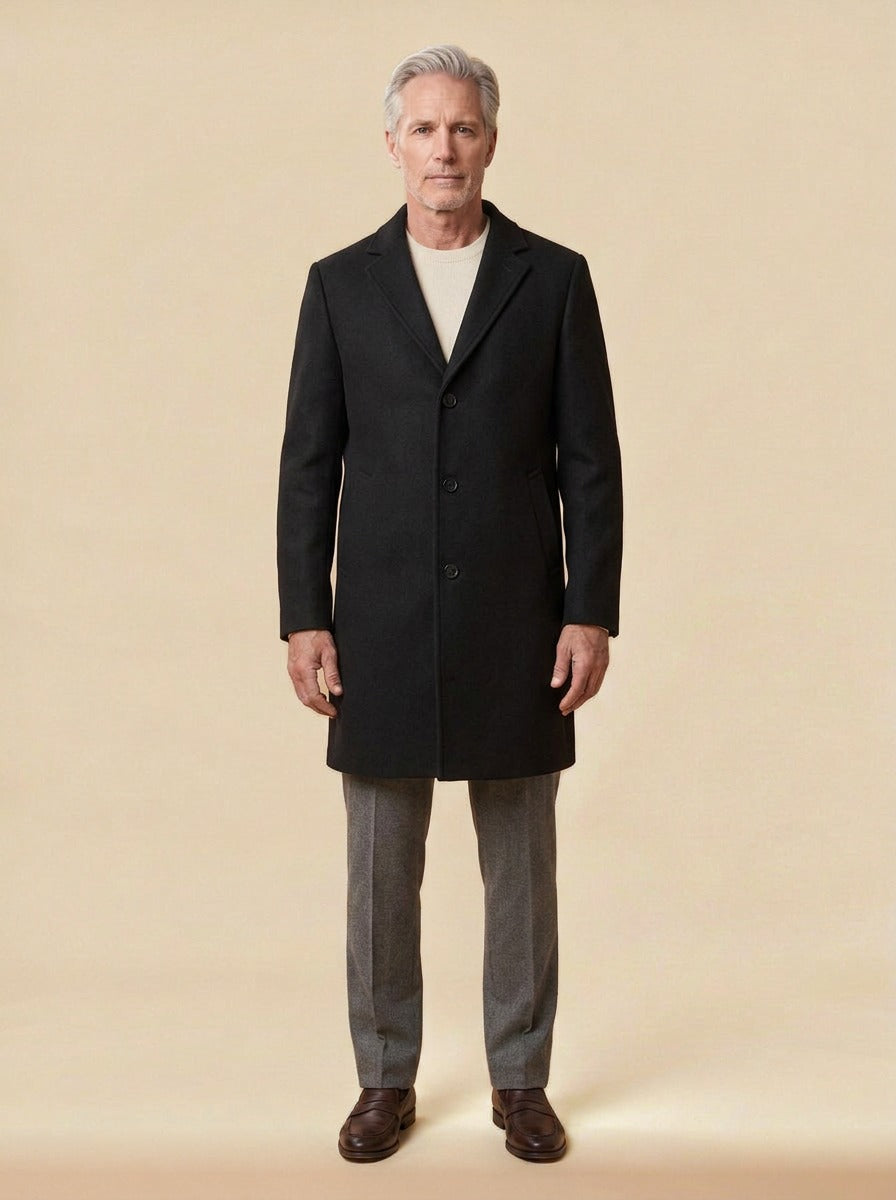 Ashdown overcoat in Black, studio, Gentlemens Manor