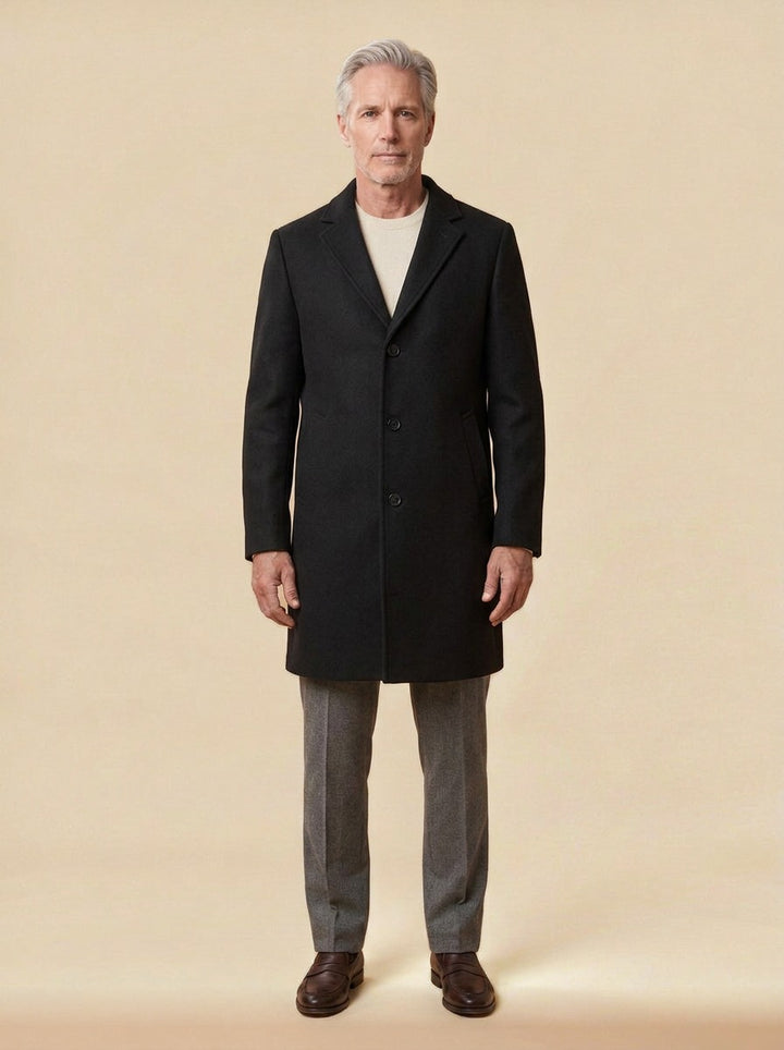 Ashdown overcoat in Black, studio, Gentlemens Manor