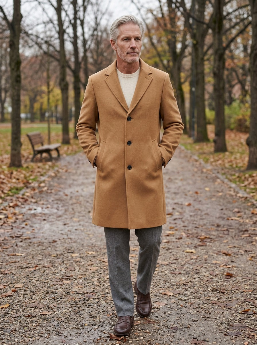Ashdown overcoat in Camel, lifestyle on a park path, Gentlemens Manor