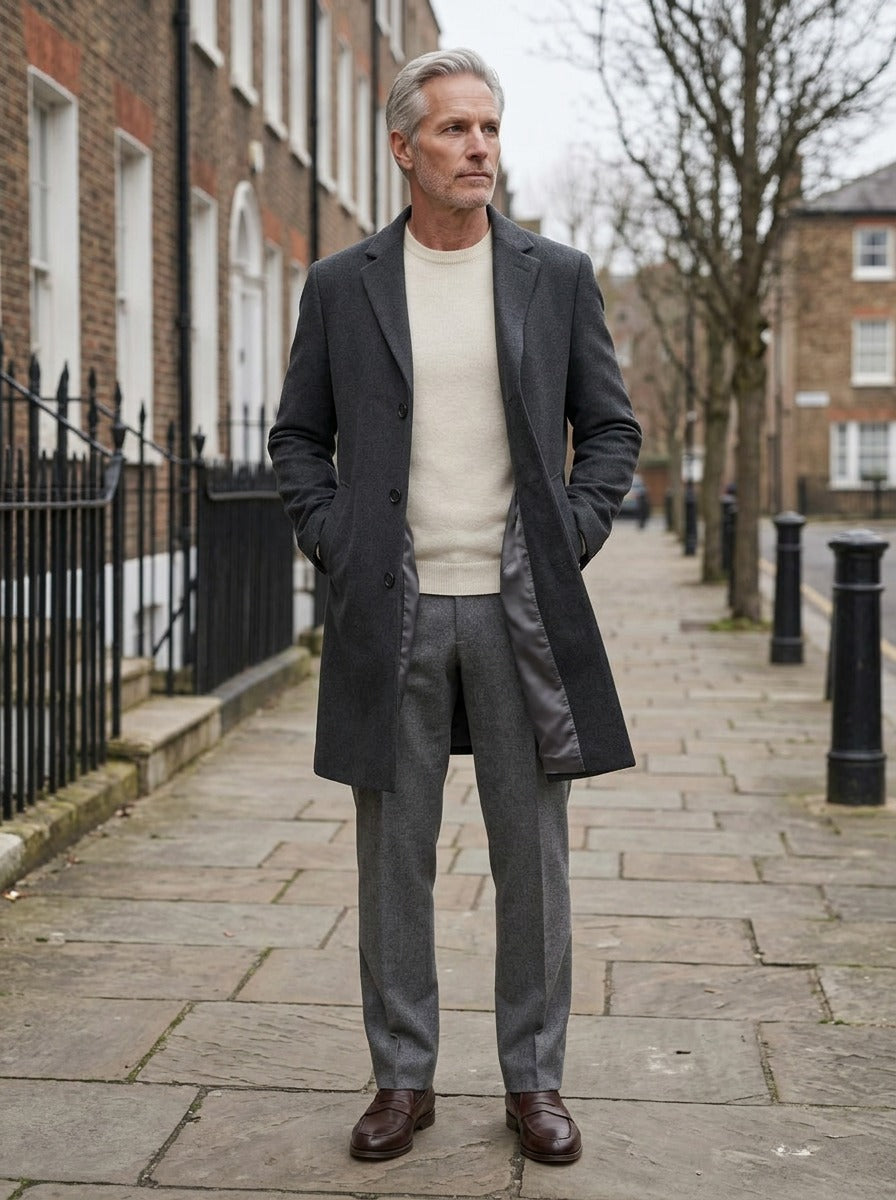 Ashdown overcoat in Charcoal, lifestyle on a street of brick row houses, Gentlemens Manor