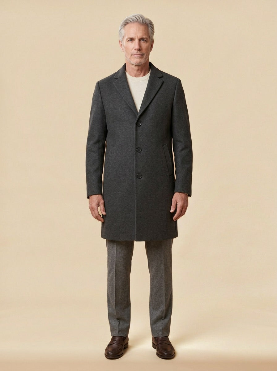 Ashdown overcoat in Charcoal, studio, Gentlemens Manor