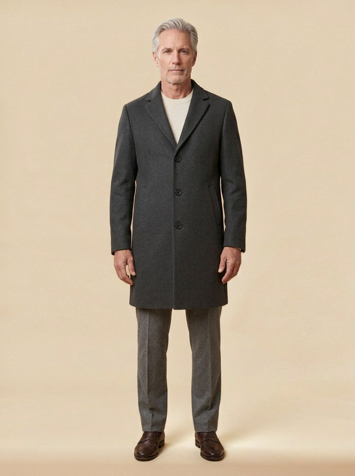 Ashdown overcoat in Charcoal, studio, Gentlemens Manor