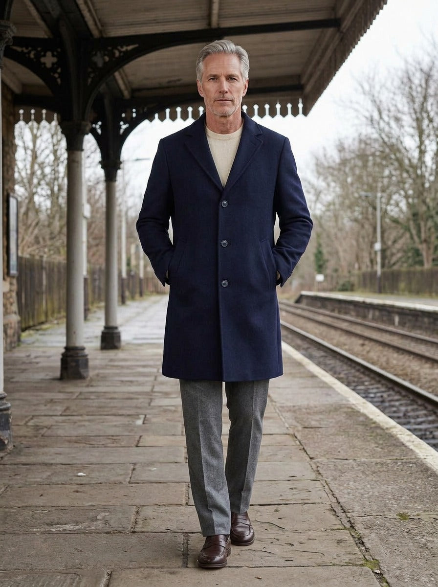 Ashdown overcoat in Navy, lifestyle on a railway platform, Gentlemens Manor