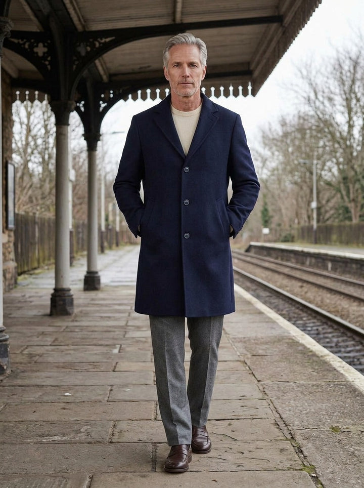 Ashdown overcoat in Navy, lifestyle on a railway platform, Gentlemens Manor