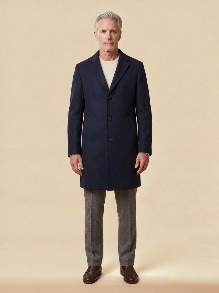 Ashdown overcoat in Navy, studio, Gentlemens Manor