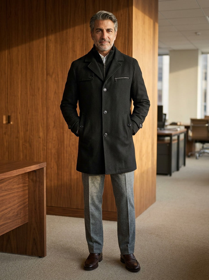 Ashland layered stand collar coat in Black, lifestyle in a timber paneled office, Gentlemens Manor