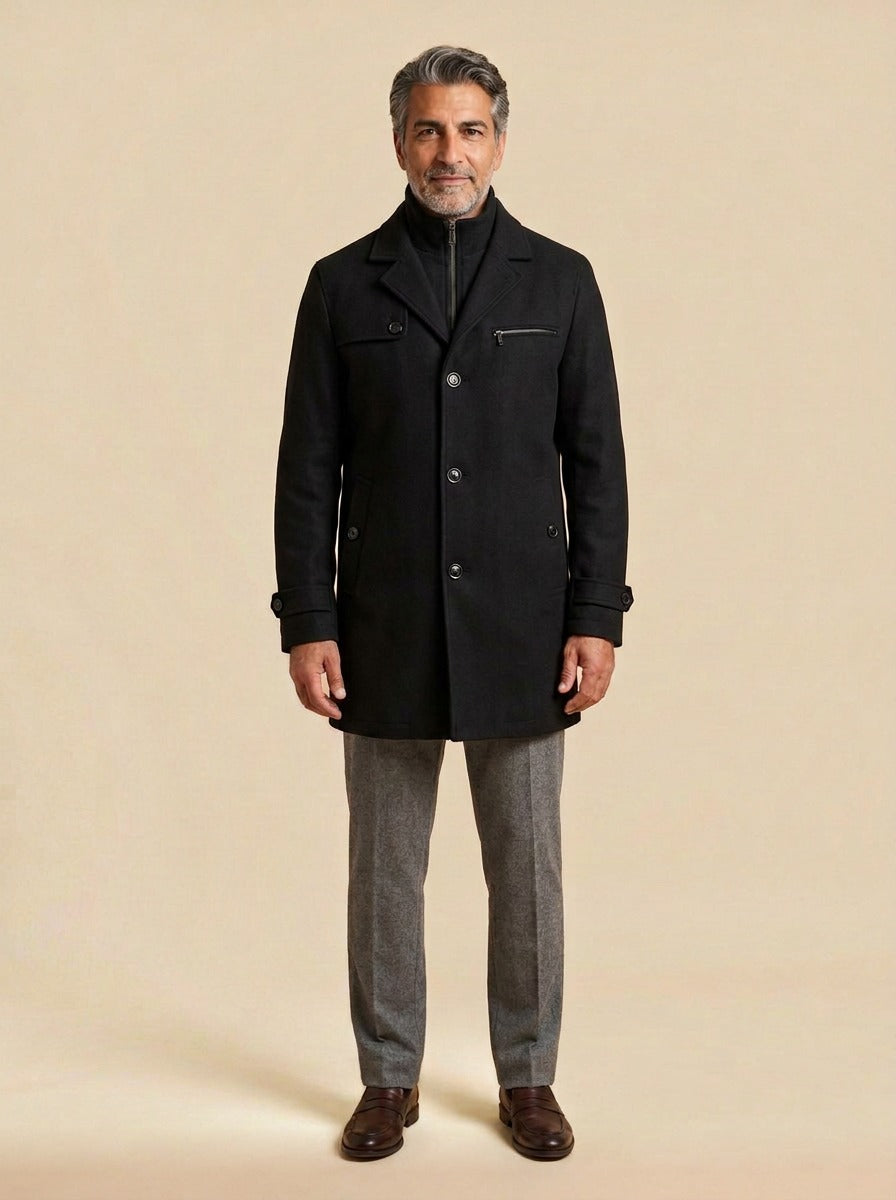Ashland layered stand collar coat in Black, studio, Gentlemens Manor