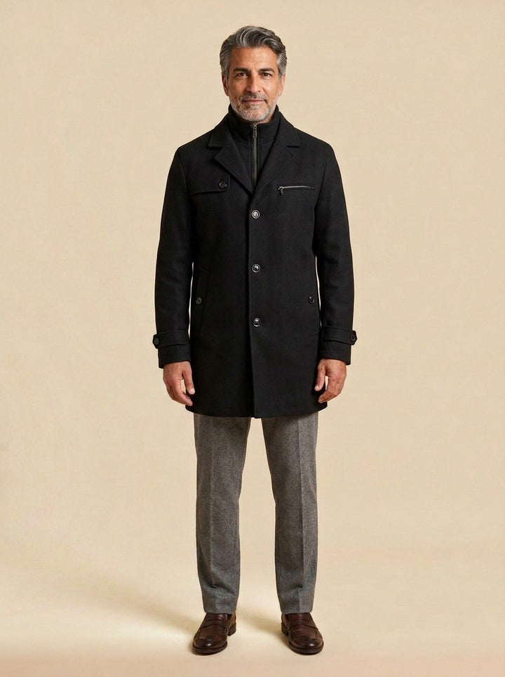 Ashland layered stand collar coat in Black, studio, Gentlemens Manor