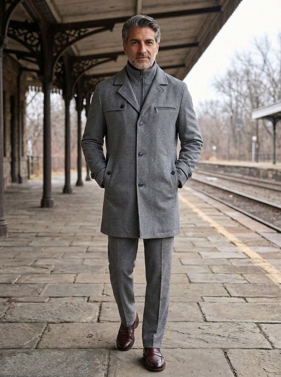 Ashland layered stand collar coat in Grey, lifestyle on a railway platform, Gentlemens Manor