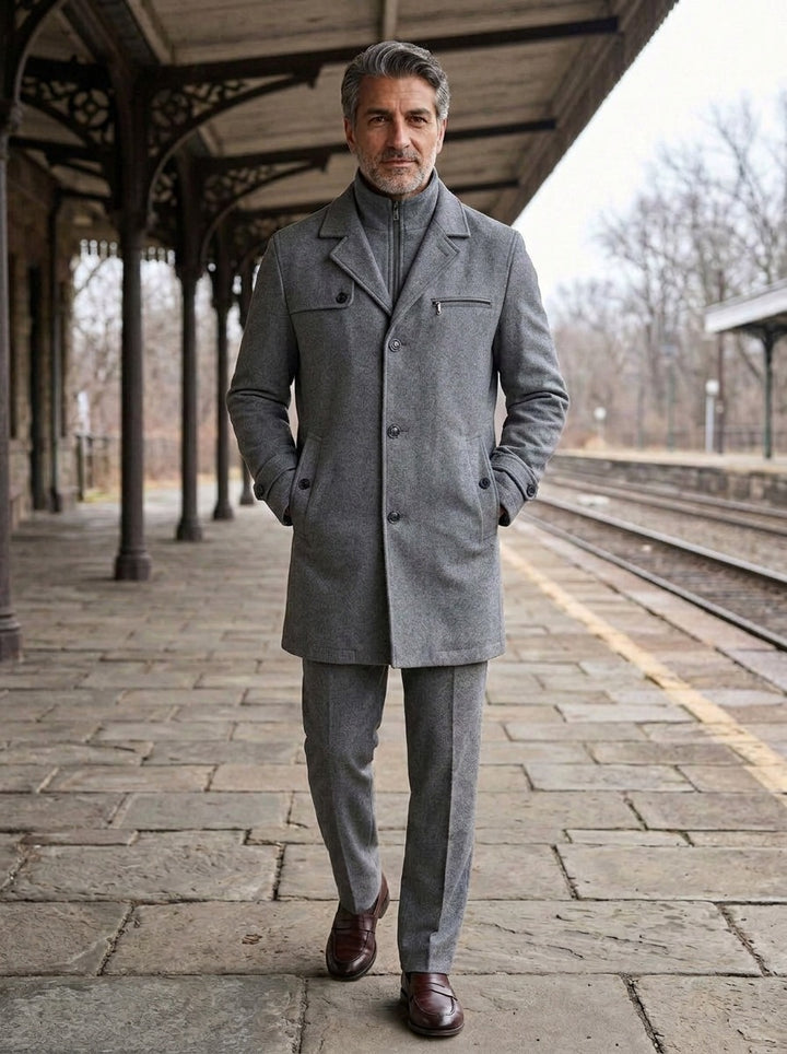 Ashland layered stand collar coat in Grey, lifestyle on a railway platform, Gentlemens Manor