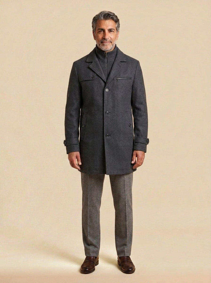 Ashland layered stand collar coat in Grey, studio, Gentlemens Manor