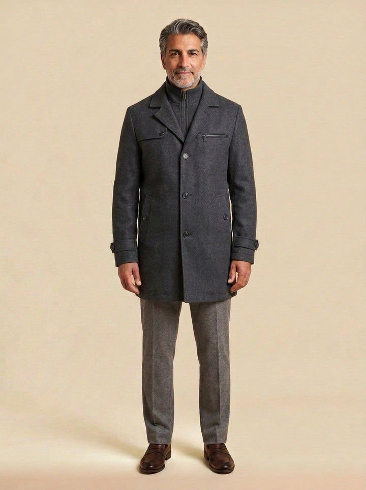 Ashland layered stand collar coat in Grey, studio, Gentlemens Manor