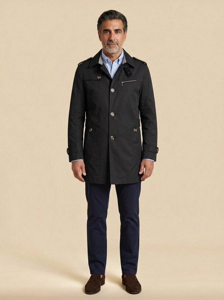 Ashton trench coat in Black, studio, Gentlemens Manor