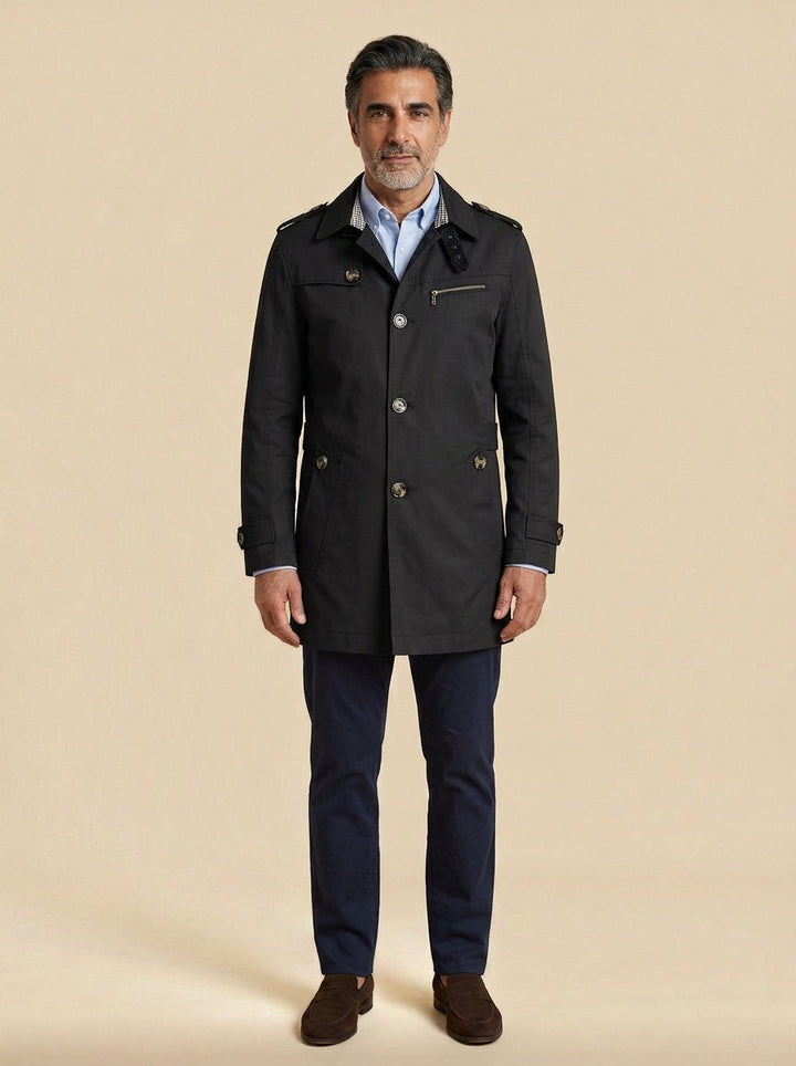 Ashton trench coat in Black, studio, Gentlemens Manor