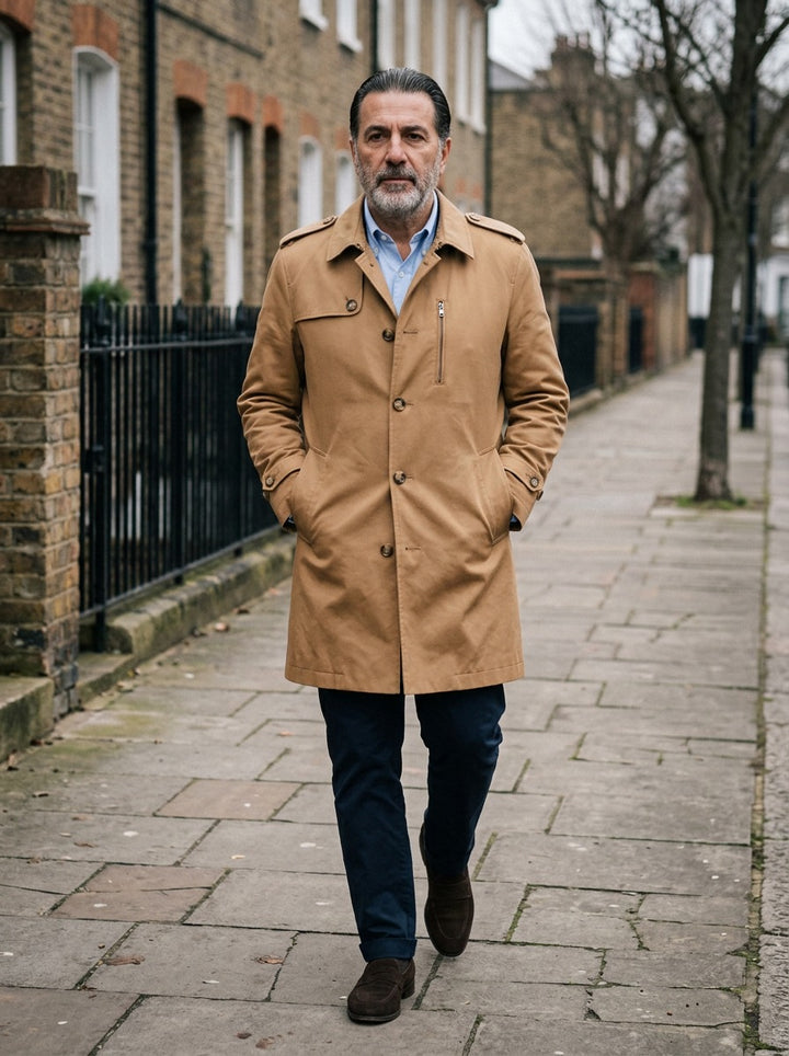 Ashton trench coat in Camel, lifestyle on a street of brick row houses, Gentlemens Manor