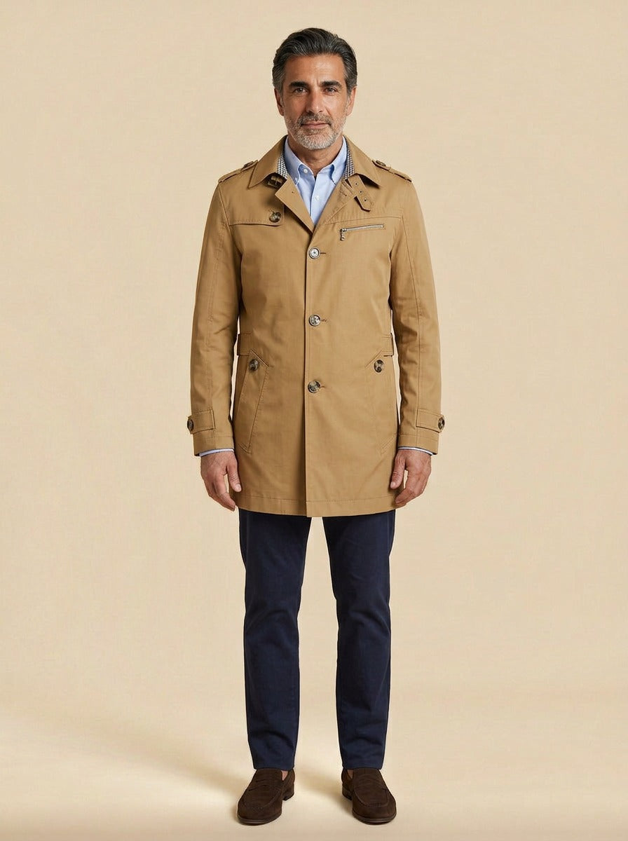 Ashton trench coat in Camel, studio, Gentlemens Manor
