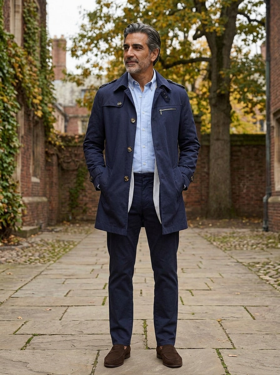 Ashton trench coat in Navy, lifestyle in a brick college courtyard, Gentlemens Manor