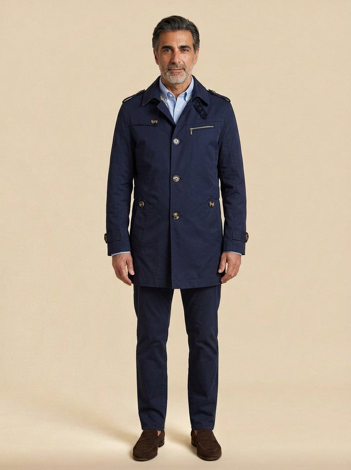 Ashton trench coat in Navy, studio, Gentlemens Manor
