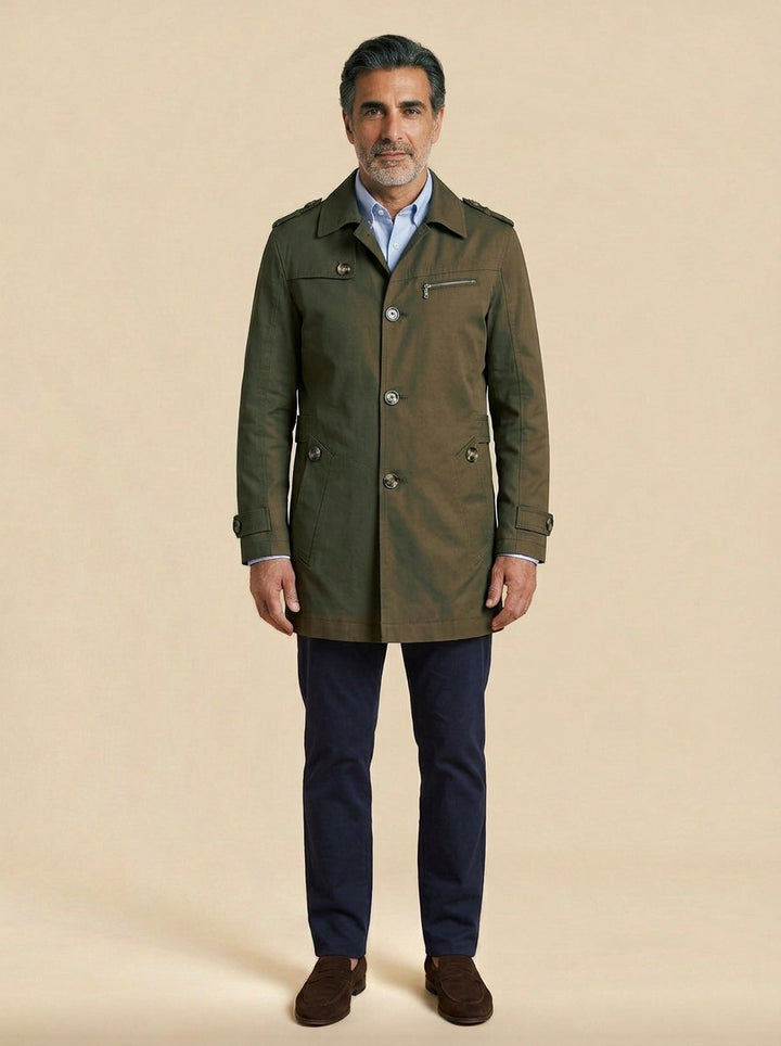 Ashton trench coat in Olive, studio, Gentlemens Manor