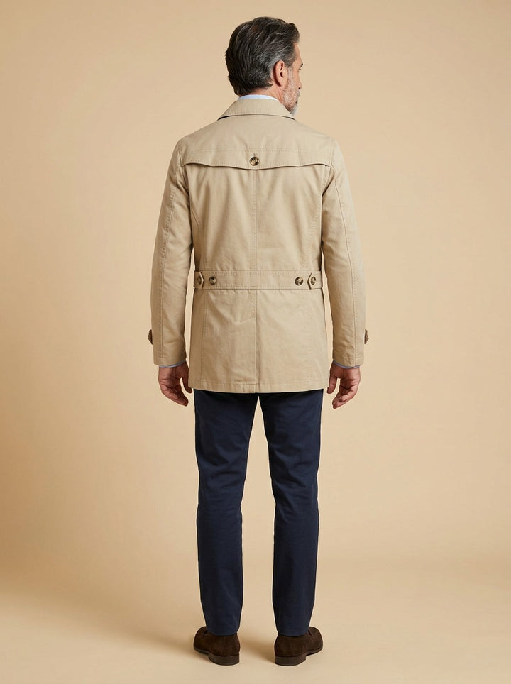 Ashton trench coat in Sand, back view, Gentlemens Manor