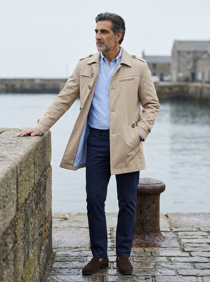 Ashton trench coat in Sand, lifestyle on a stone harbor quay, Gentlemens Manor