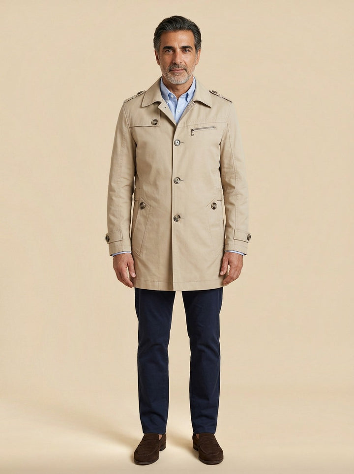 Ashton trench coat in Sand, studio, Gentlemens Manor