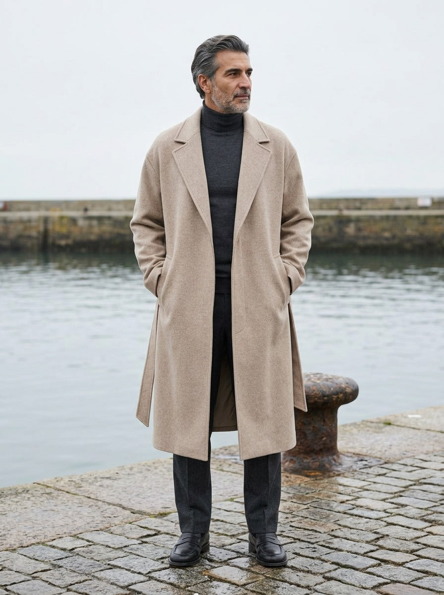 Ashworth wrap coat in Beige, lifestyle on a stone harbor quay, Gentlemens Manor