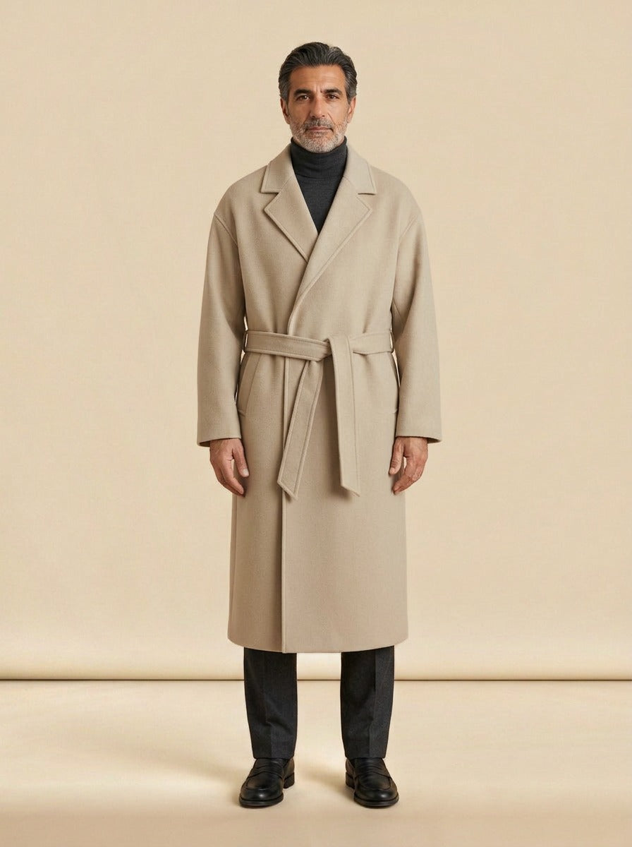 Ashworth wrap coat in Beige, studio, Gentlemens Manor