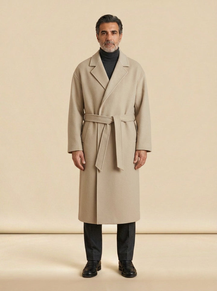 Ashworth wrap coat in Beige, studio, Gentlemens Manor