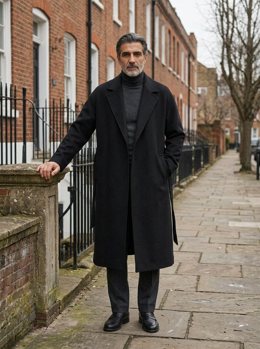 Ashworth wrap coat in Black, lifestyle on a street of brick row houses, Gentlemens Manor