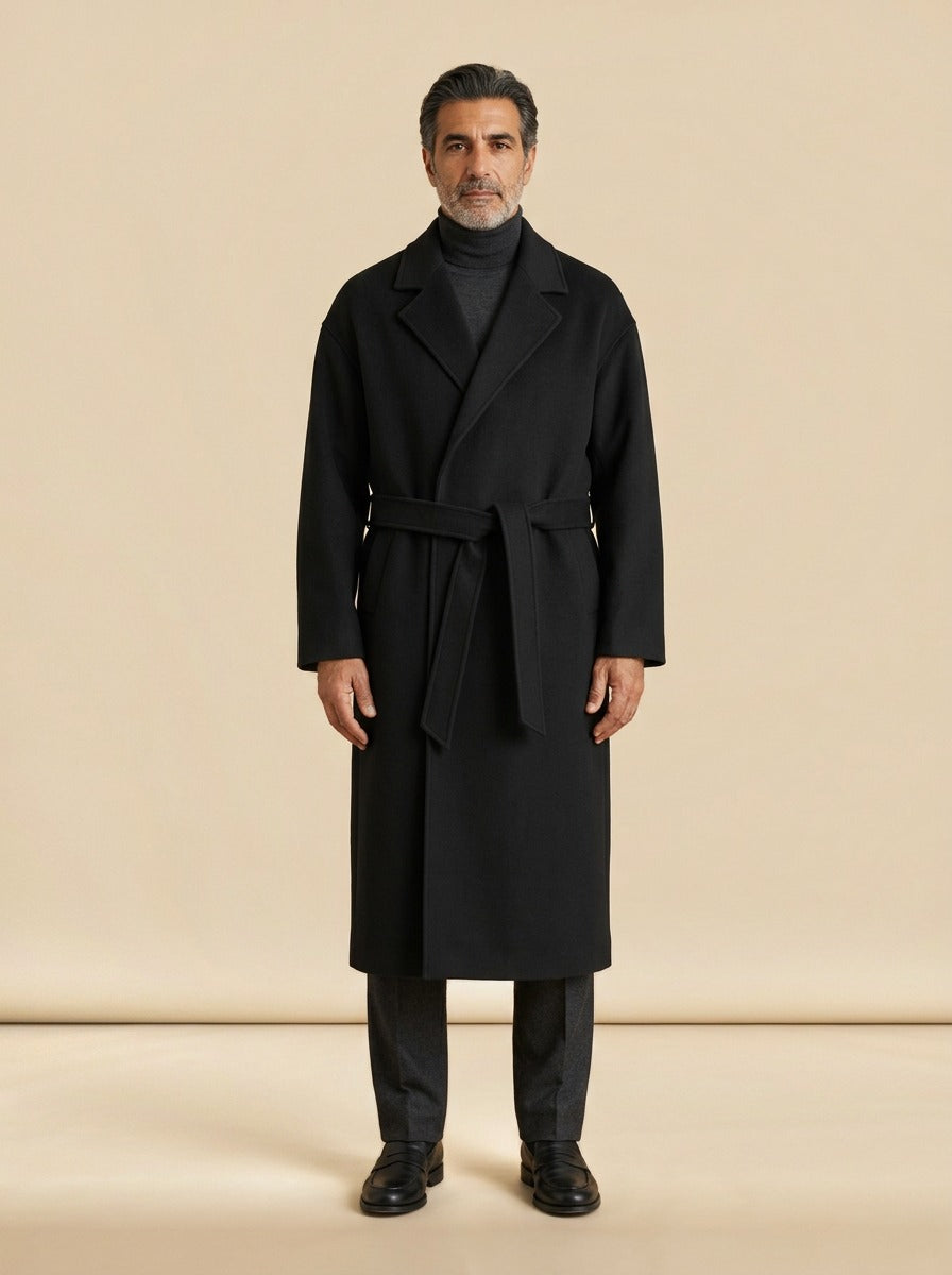 Ashworth wrap coat in Black, studio, Gentlemens Manor