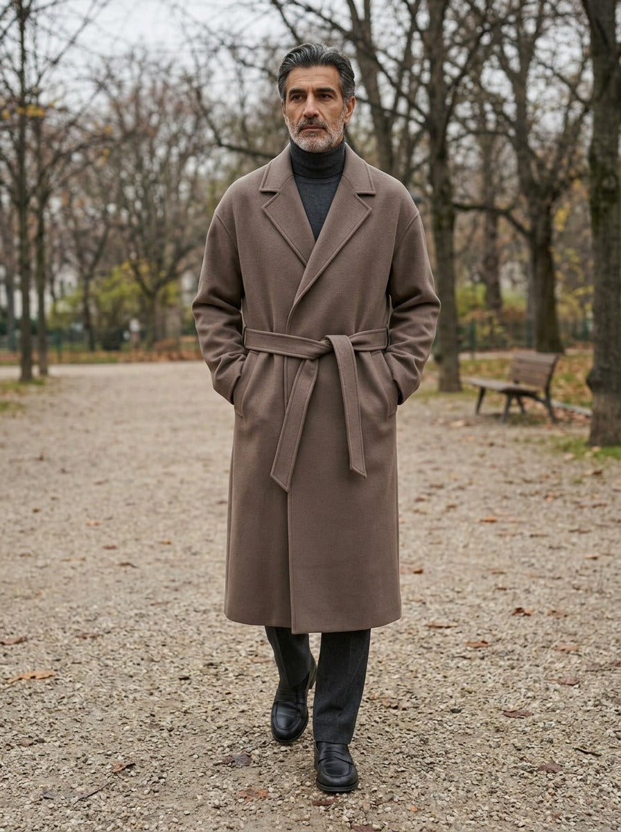 Ashworth wrap coat in Brown, lifestyle on a park path, Gentlemens Manor