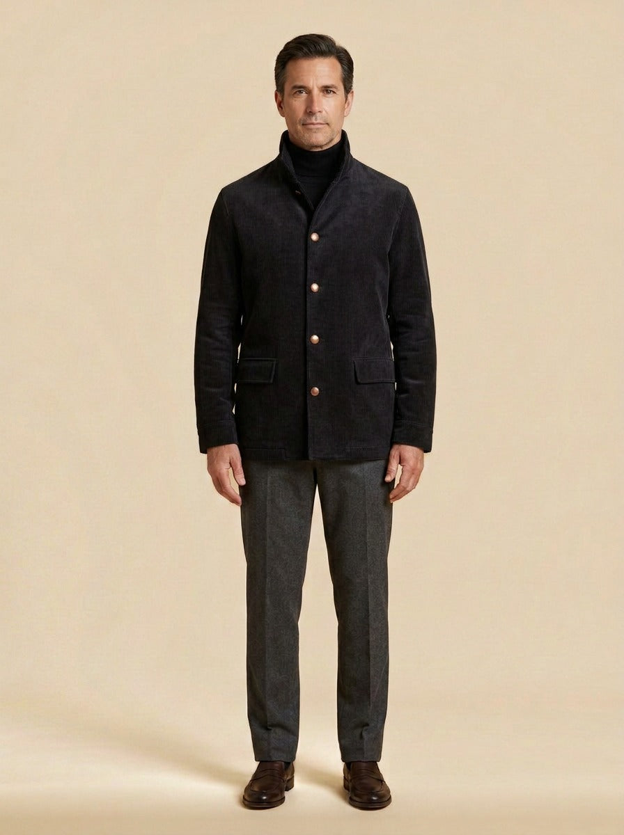Atherton corduroy stand collar jacket in Black, studio, Gentlemens Manor