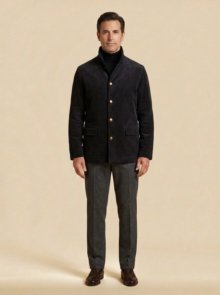 Atherton corduroy stand collar jacket in Black, studio, Gentlemens Manor