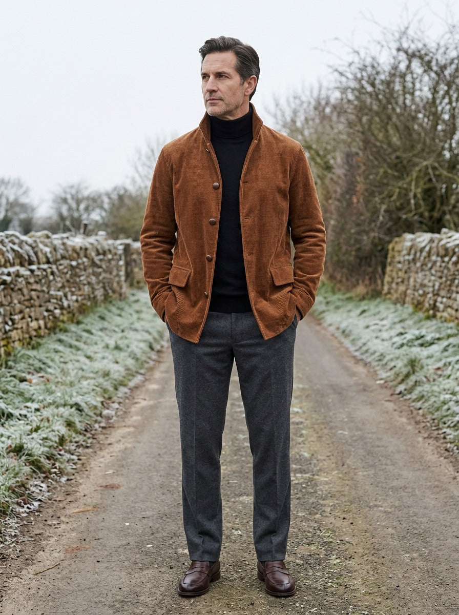 Atherton corduroy stand collar jacket in Brown, lifestyle on a country lane, Gentlemens Manor