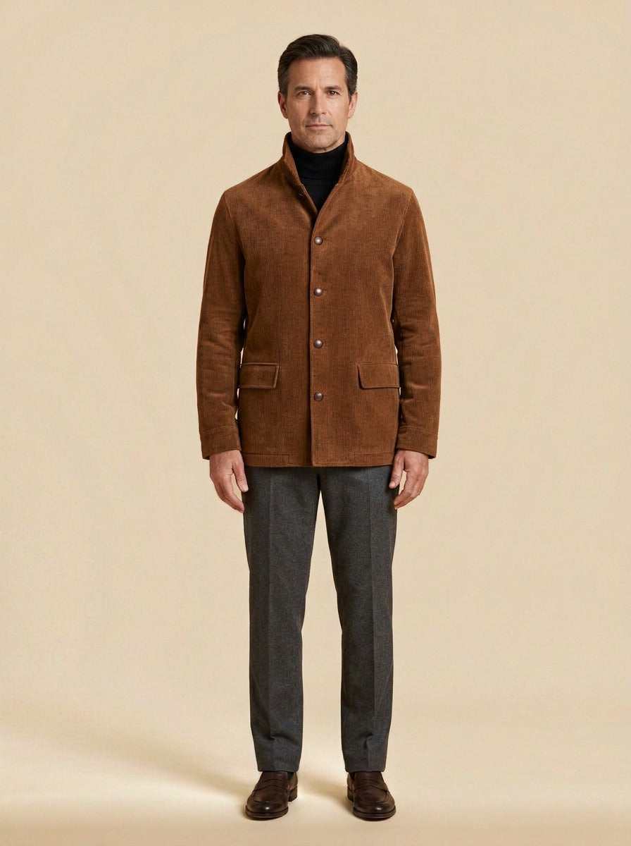 Atherton corduroy stand collar jacket in Brown, studio, Gentlemens Manor