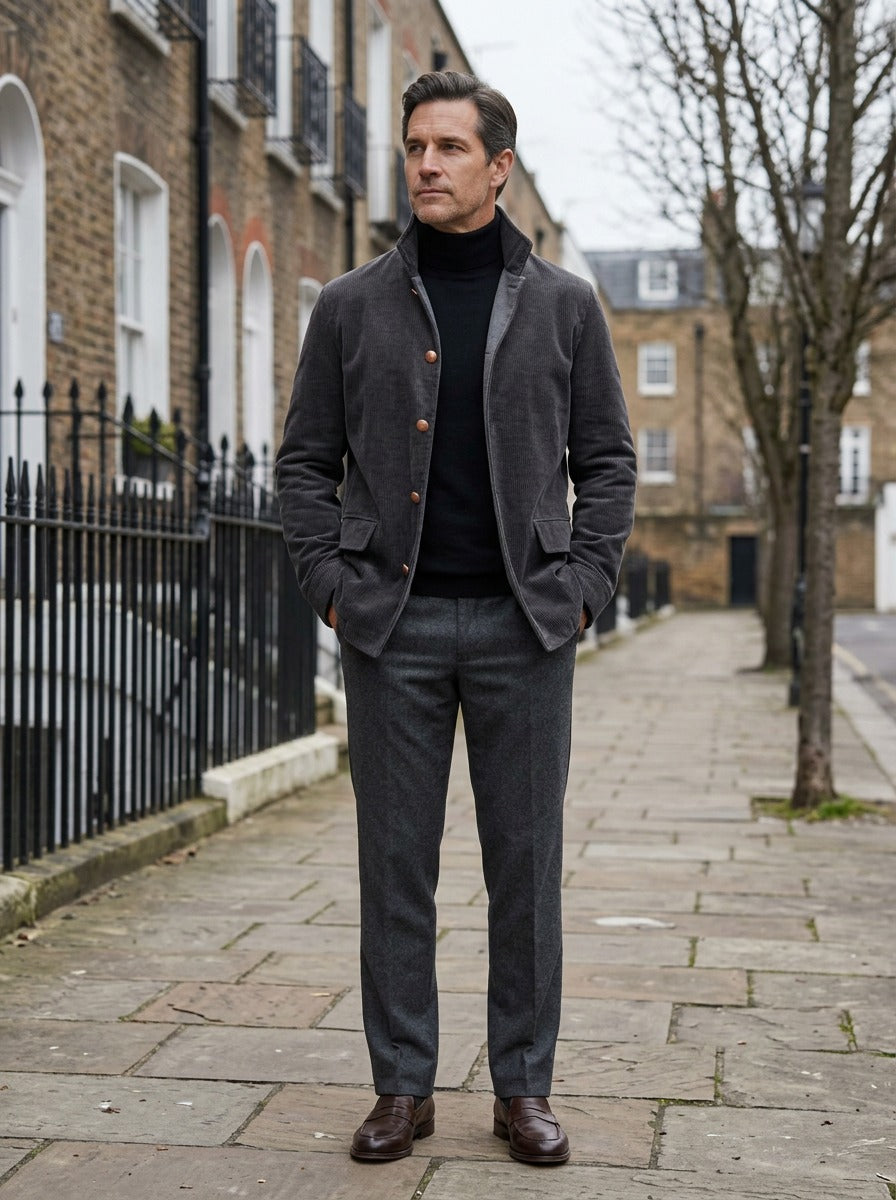 Atherton corduroy stand collar jacket in Charcoal, lifestyle on a street of brick row houses, Gentlemens Manor