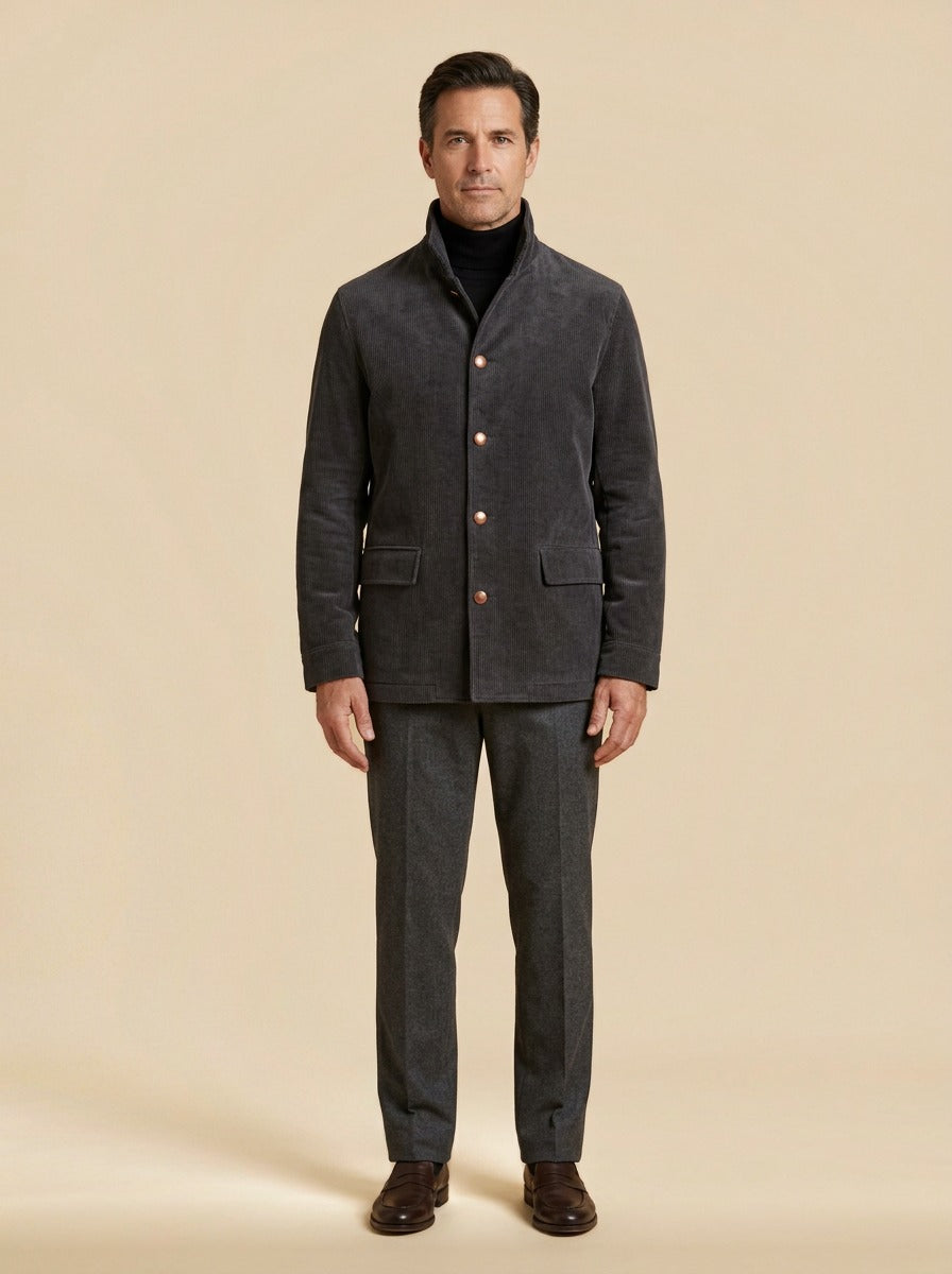 Atherton corduroy stand collar jacket in Charcoal, studio, Gentlemens Manor