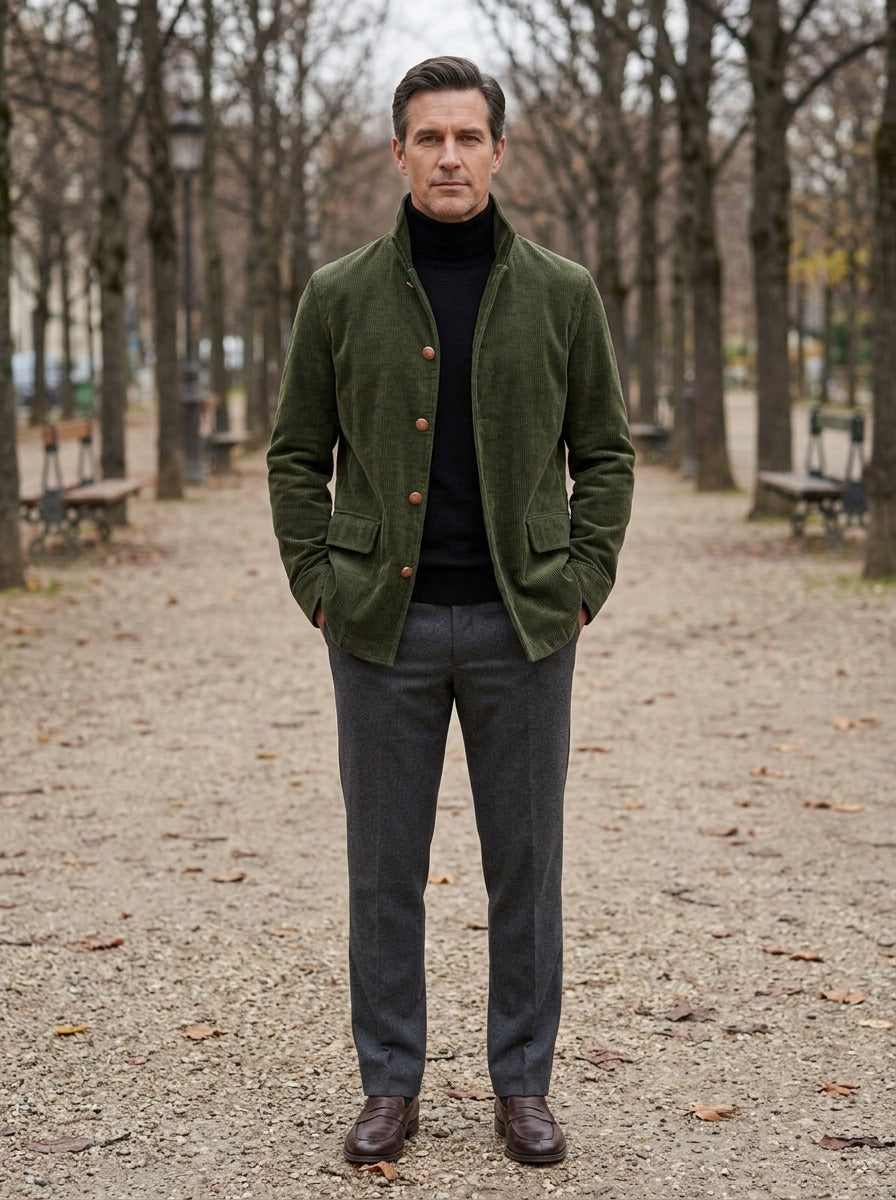 Atherton corduroy stand collar jacket in Olive, lifestyle on a park path, Gentlemens Manor