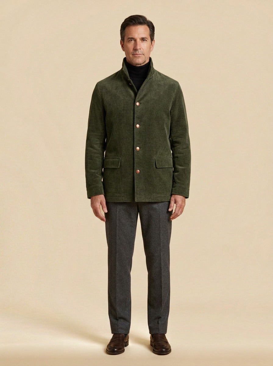 Atherton corduroy stand collar jacket in Olive, studio, Gentlemens Manor