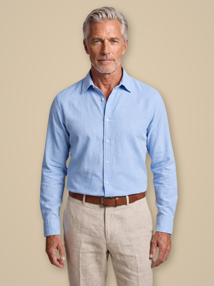 Atticus casual shirt in Light Blue, worn by a model on a warm taupe studio background - Gentlemens Manor