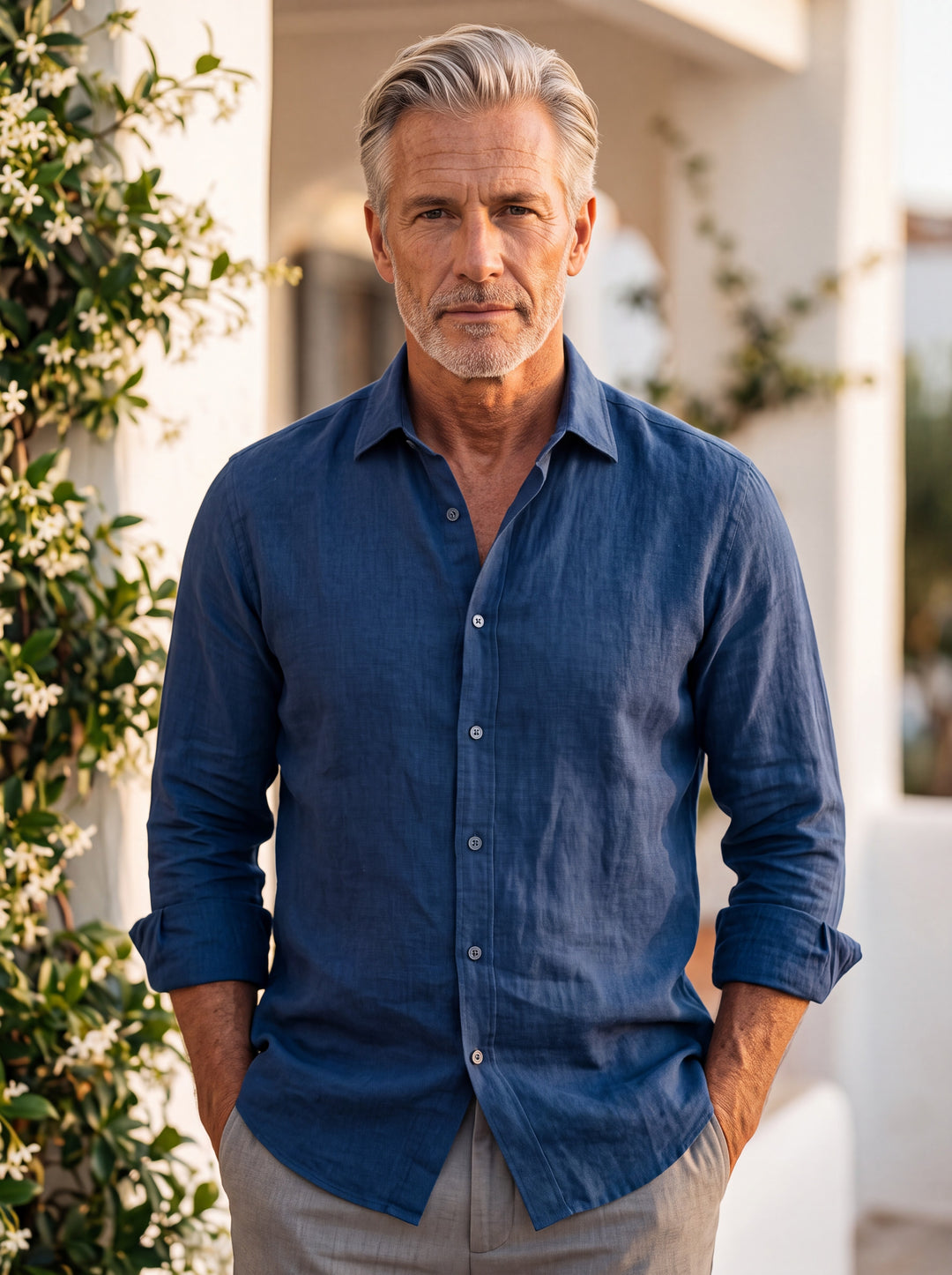Atticus shirt in Navy, worn by a model in a Mediterranean setting - Gentlemens Manor lifestyle