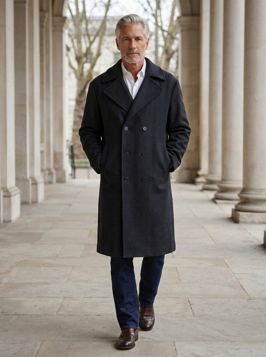Atwater relaxed double breasted longline overcoat in Charcoal, lifestyle in a stone colonnade, Gentlemens Manor