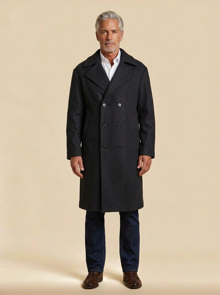 Atwater relaxed double breasted longline overcoat in Charcoal, studio, Gentlemens Manor