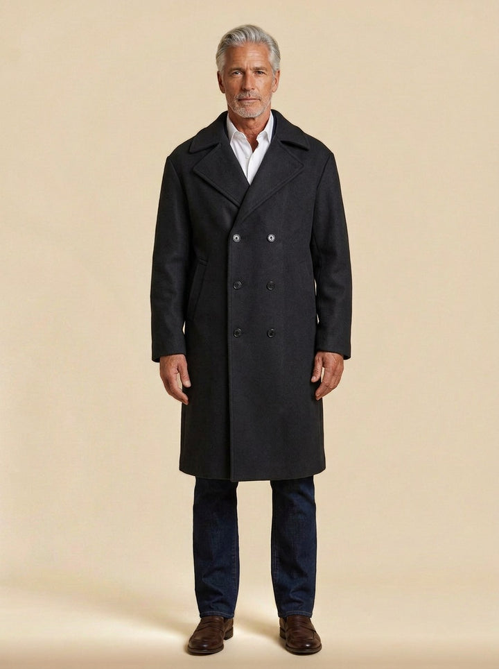 Atwater relaxed double breasted longline overcoat in Charcoal, studio, Gentlemens Manor