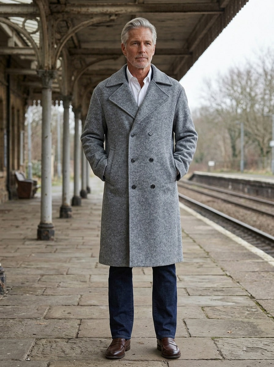 Atwater relaxed double breasted longline overcoat in Grey, lifestyle on a railway platform, Gentlemens Manor