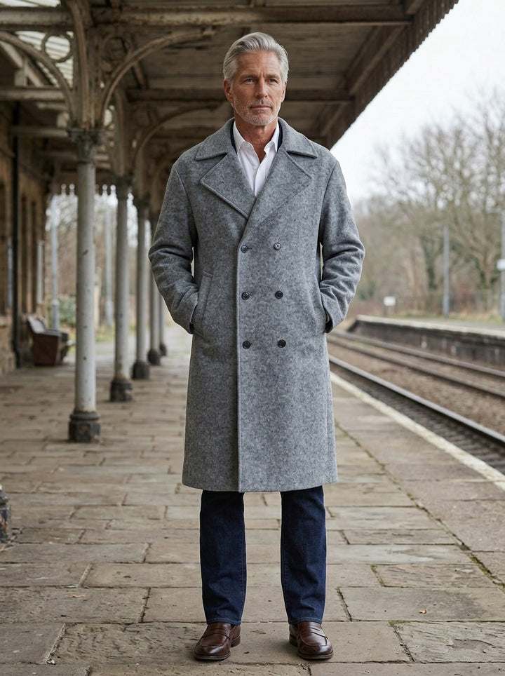 Atwater relaxed double breasted longline overcoat in Grey, lifestyle on a railway platform, Gentlemens Manor