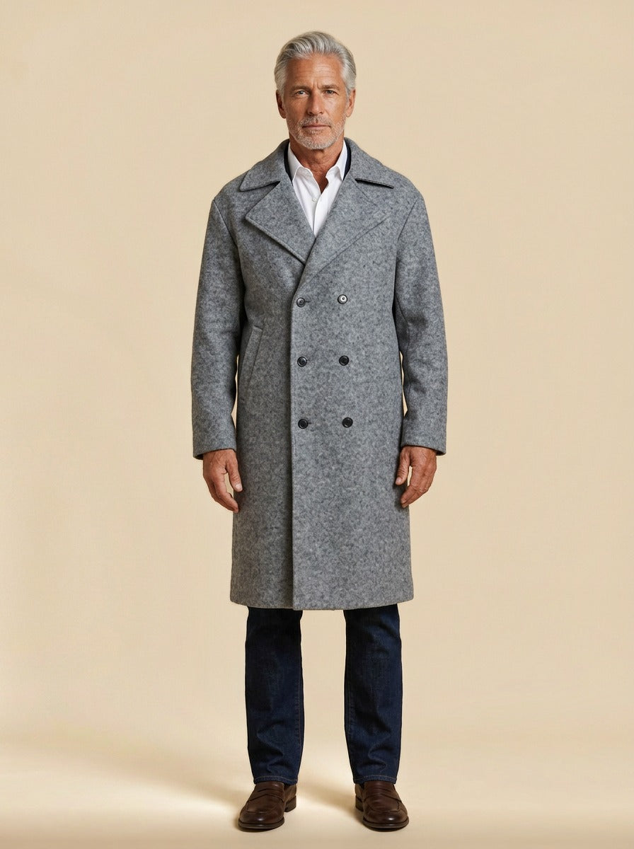 Atwater relaxed double breasted longline overcoat in Grey, studio, Gentlemens Manor