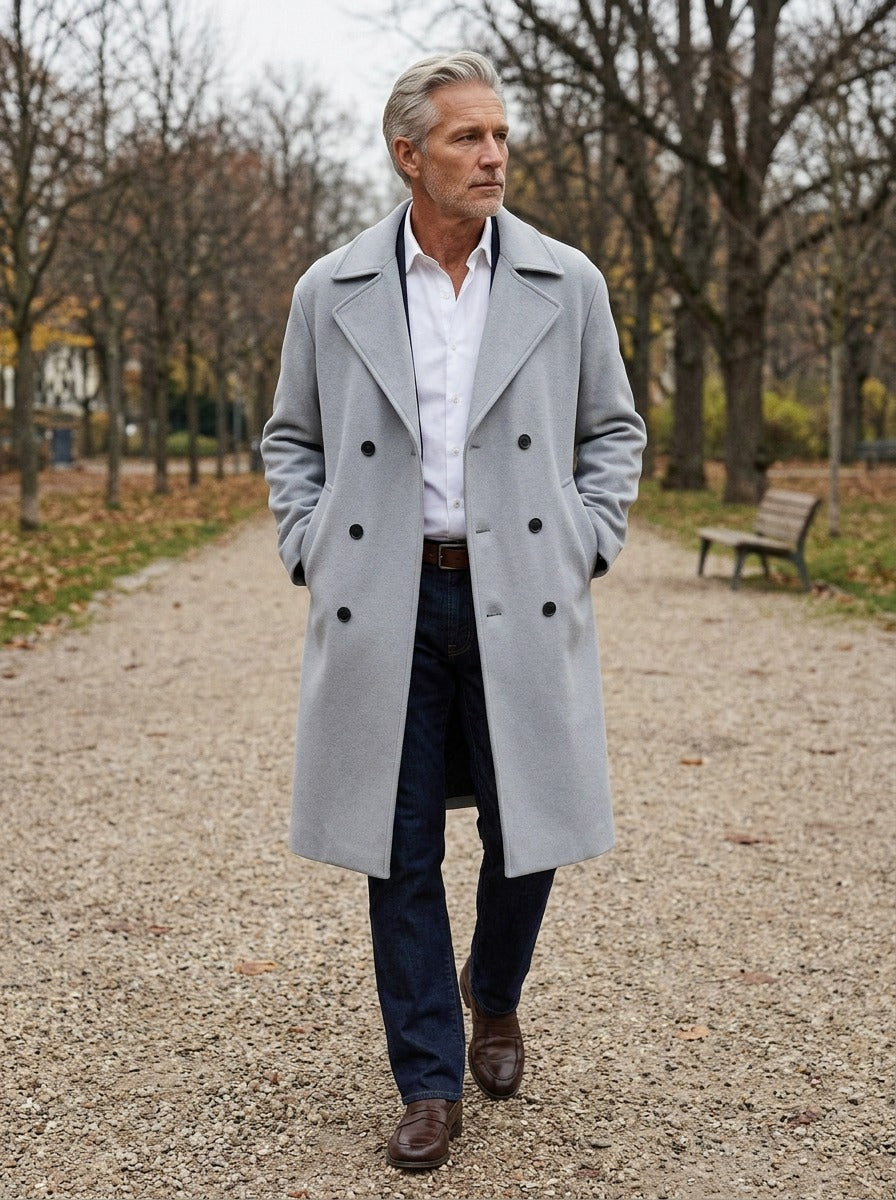 Atwater relaxed double breasted longline overcoat in Light Grey, lifestyle on a park path, Gentlemens Manor