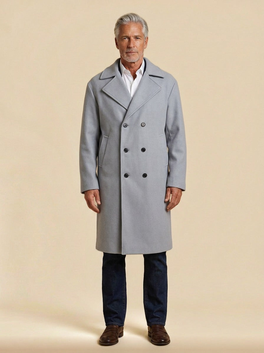 Atwater relaxed double breasted longline overcoat in Light Grey, studio, Gentlemens Manor